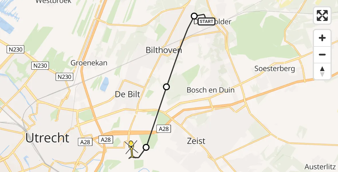 Routekaart van de vlucht: Lifeliner 1 naar Universitair Medisch Centrum Utrecht, Ockeghemlaan