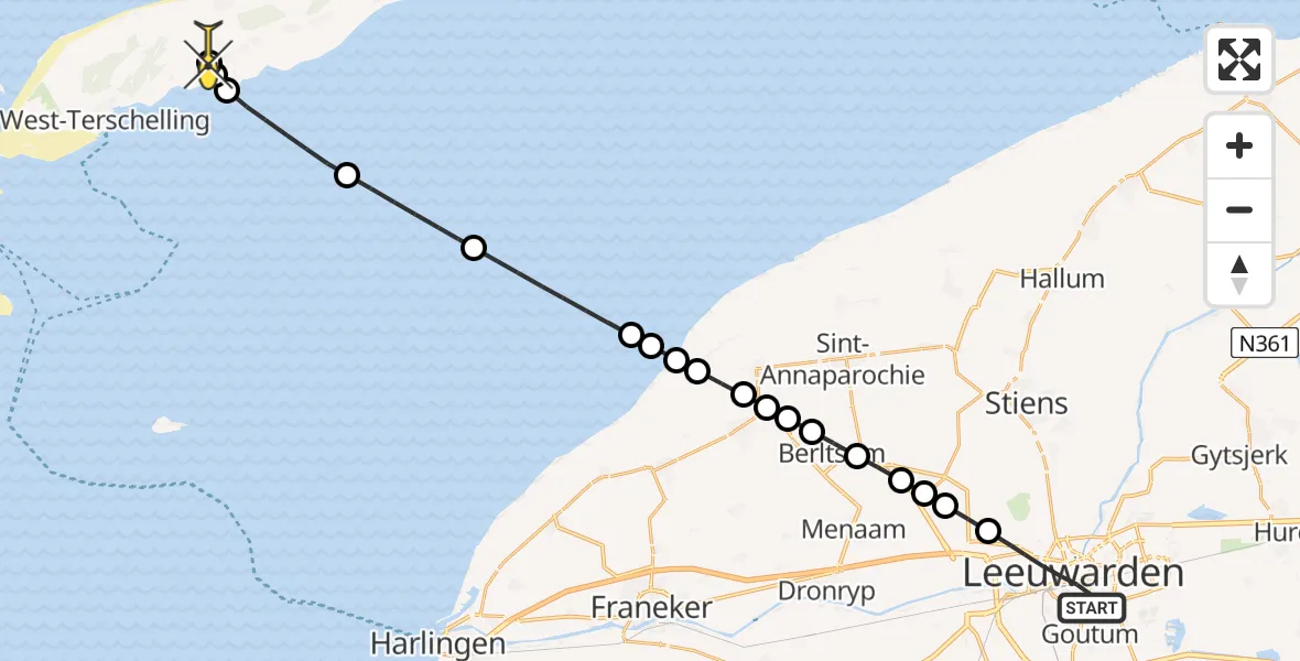 Routekaart van de vlucht: Ambulanceheli naar Midsland, Hollanderdijk