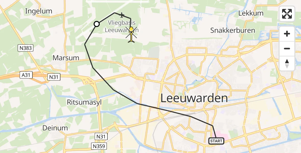 Routekaart van de vlucht: Ambulanceheli naar Vliegbasis Leeuwarden, Wijnhornsterstraat