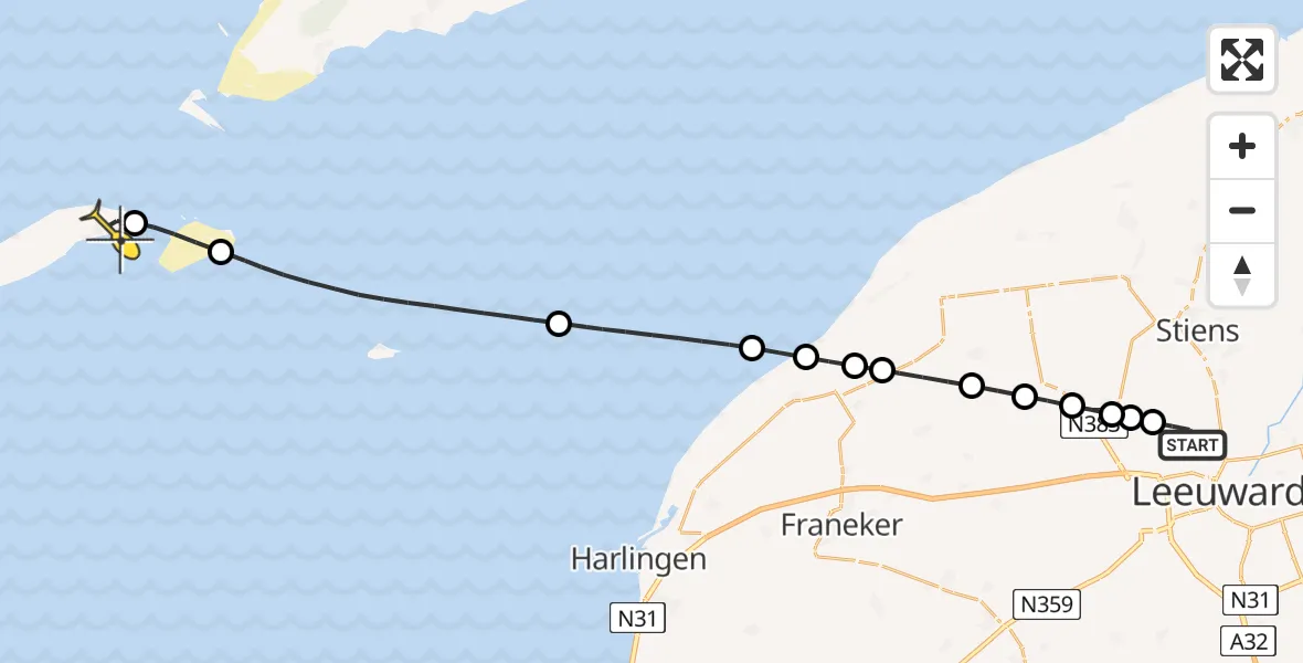 Routekaart van de vlucht: Ambulancehelikopter naar Vlieland Heliport, Keegsdijkje