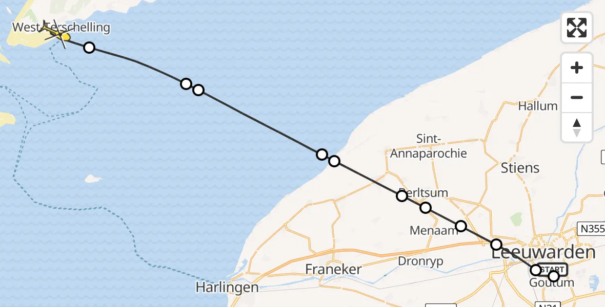 Routekaart van de vlucht: Ambulancehelikopter naar West-Terschelling, Boksumerdyk