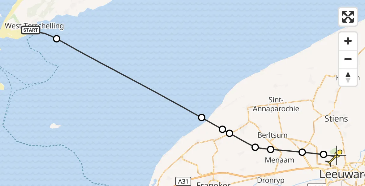 Routekaart van de vlucht: Ambulancehelikopter naar Vliegbasis Leeuwarden, De Kom