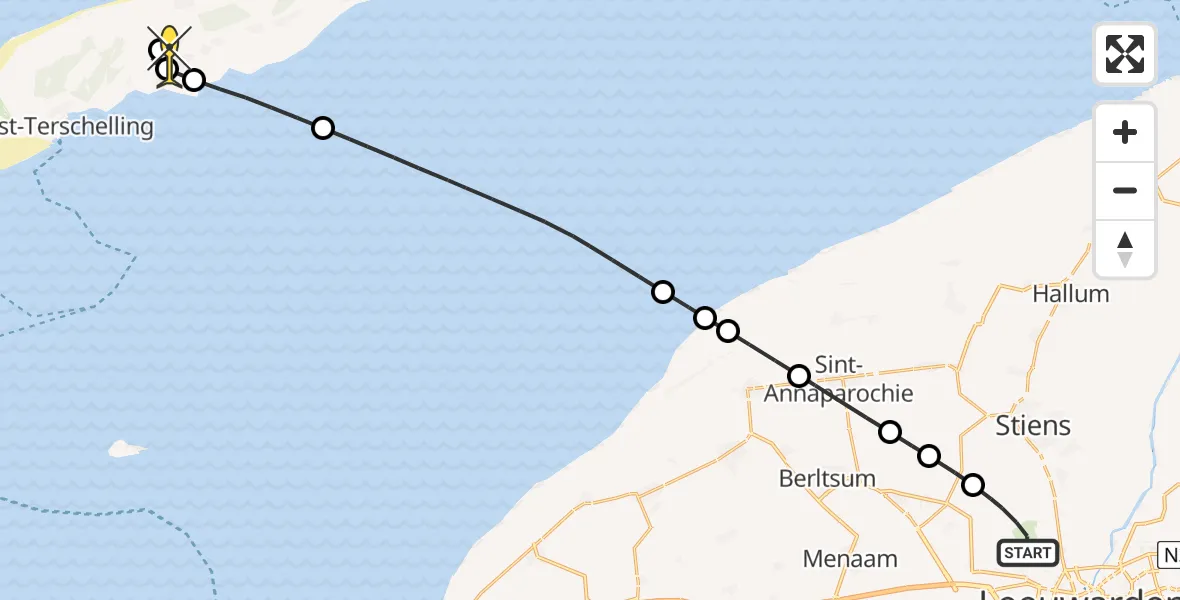 Routekaart van de vlucht: Ambulancehelikopter naar Midsland, Keegsdijkje