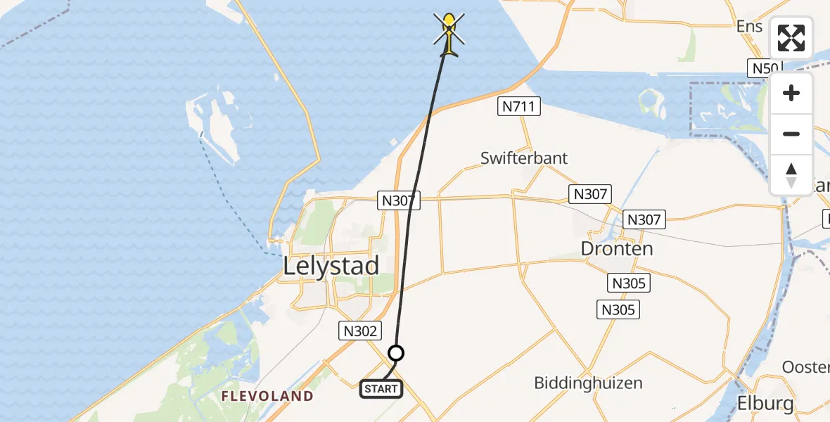 Routekaart van de vlucht: Ambulancehelikopter naar Swifterbant, Larserweg