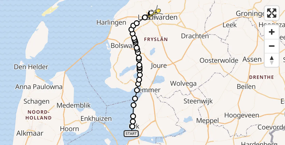Routekaart van de vlucht: Ambulancehelikopter naar Vliegbasis Leeuwarden, Staverse Kade