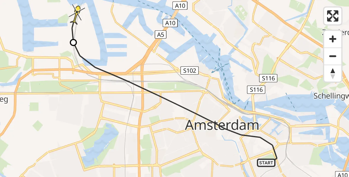 Routekaart van de vlucht: Lifeliner 1 naar Amsterdam Heliport, Louise Wentstraat