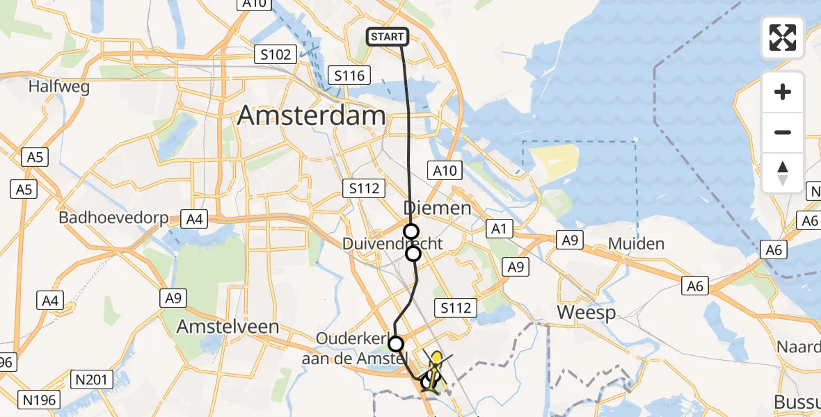 Routekaart van de vlucht: Lifeliner 1 naar Academisch Medisch Centrum (AMC), Nieuwendammerdijk