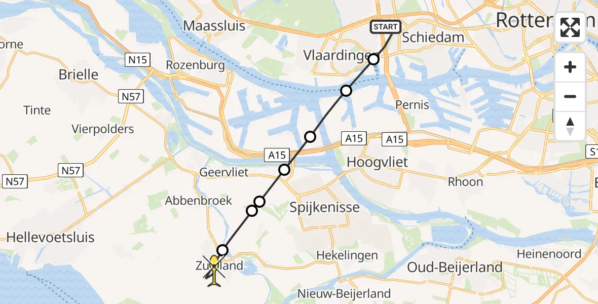 Routekaart van de vlucht: Lifeliner 2 naar Zuidland, Koningin Wilhelminahaven Zuidzijde