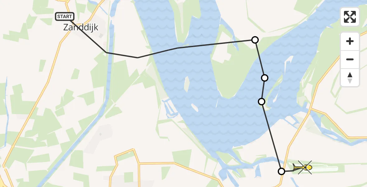 Routekaart van de vlucht: Kustwachthelikopter naar Vliegveld Midden-Zeeland, Zanddijkseweg