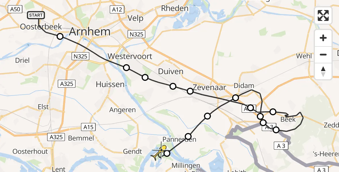 Routekaart van de vlucht: Politieheli naar Millingen aan de Rijn, Stationsweg