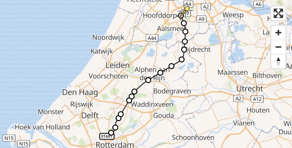 Vluchtroute Politiehelikopter van Rotterdam The Hague Airport naar Schiphol