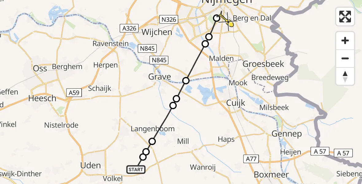 Routekaart van de vlucht: Lifeliner 3 naar Radboud Universitair Medisch Centrum, Zeelandsedijk
