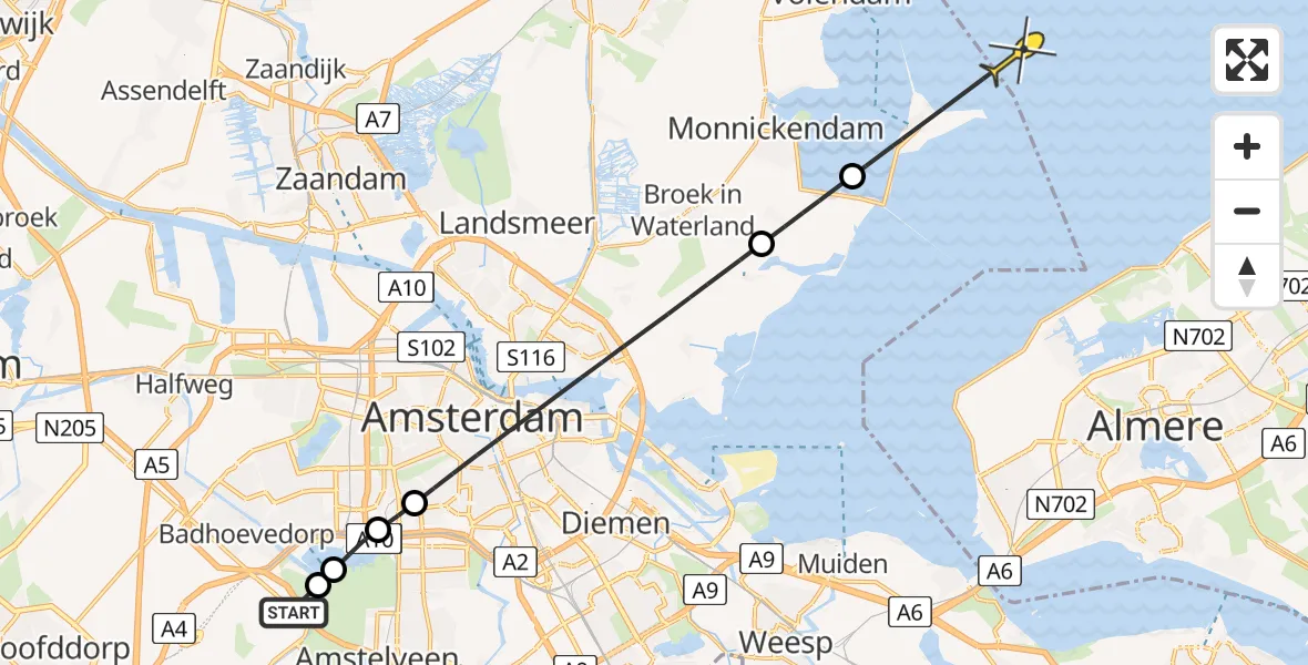 Routekaart van de vlucht: Politiehelikopter naar Almere, Nieuwemeerdijk