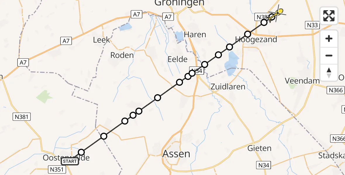 Routekaart van de vlucht: Politiehelikopter naar Slochteren, Fochteloërtille