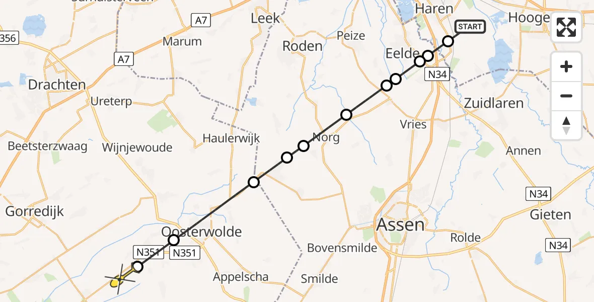 Routekaart van de vlucht: Politiehelikopter naar Nijeberkoop, Gieselgeer