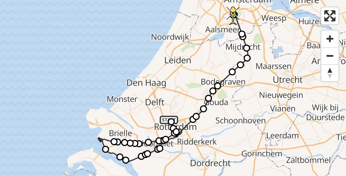 Vluchtroute Politiehelikopter van Rotterdam The Hague Airport naar Schiphol