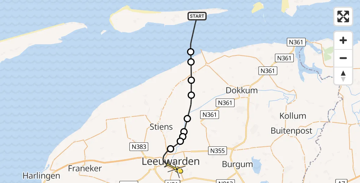 Routekaart van de vlucht: Ambulancehelikopter naar Leeuwarden, Pinkewad