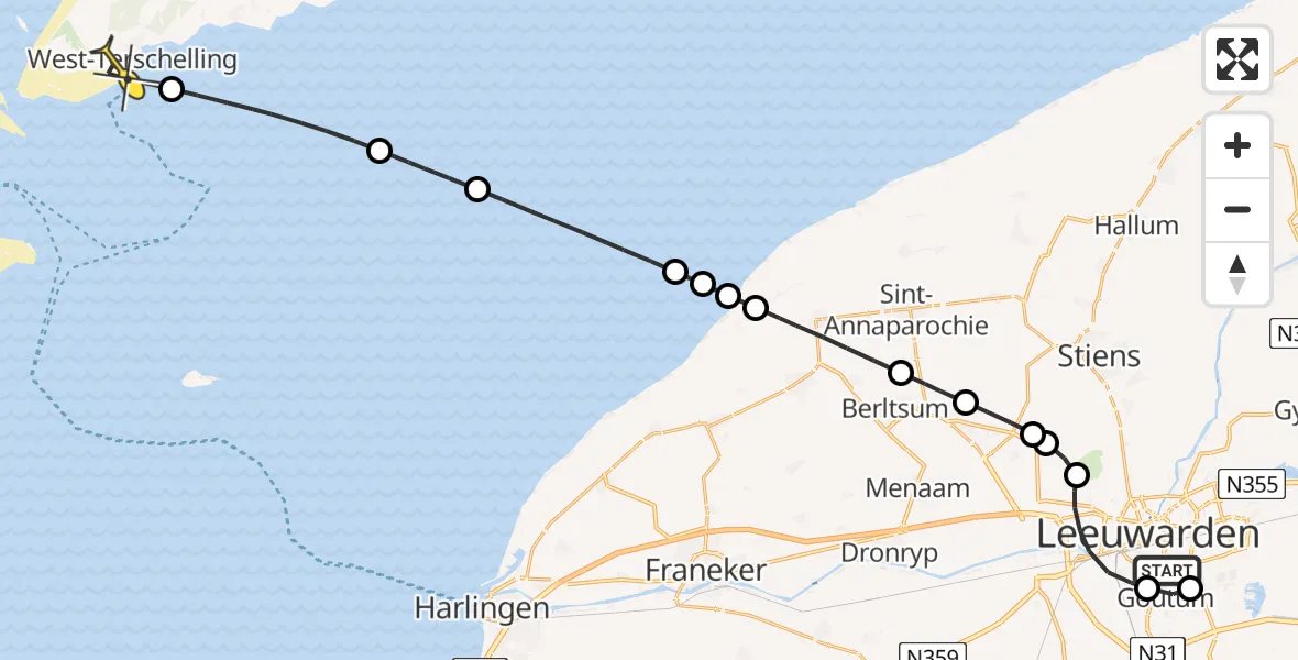 Routekaart van de vlucht: Ambulanceheli naar West-Terschelling, Jonkersleane