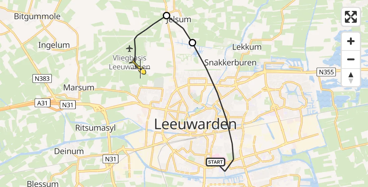 Routekaart van de vlucht: Ambulancehelikopter naar Vliegbasis Leeuwarden, Aldlânsdyk
