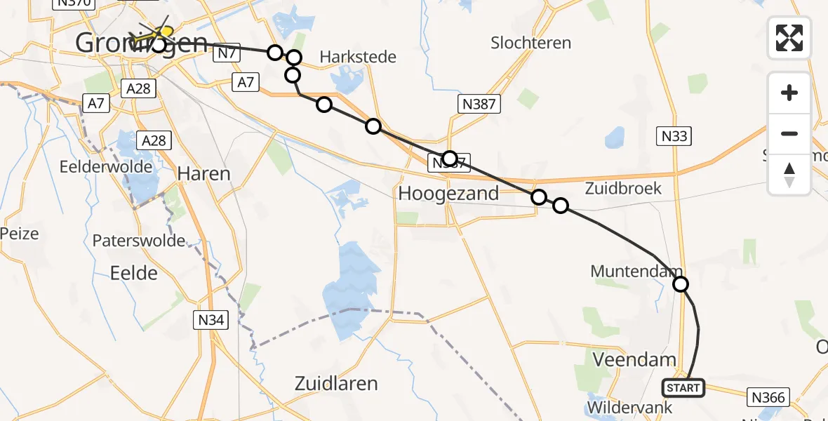 Routekaart van de vlucht: Lifeliner 4 naar Universitair Medisch Centrum Groningen, Vosseveld