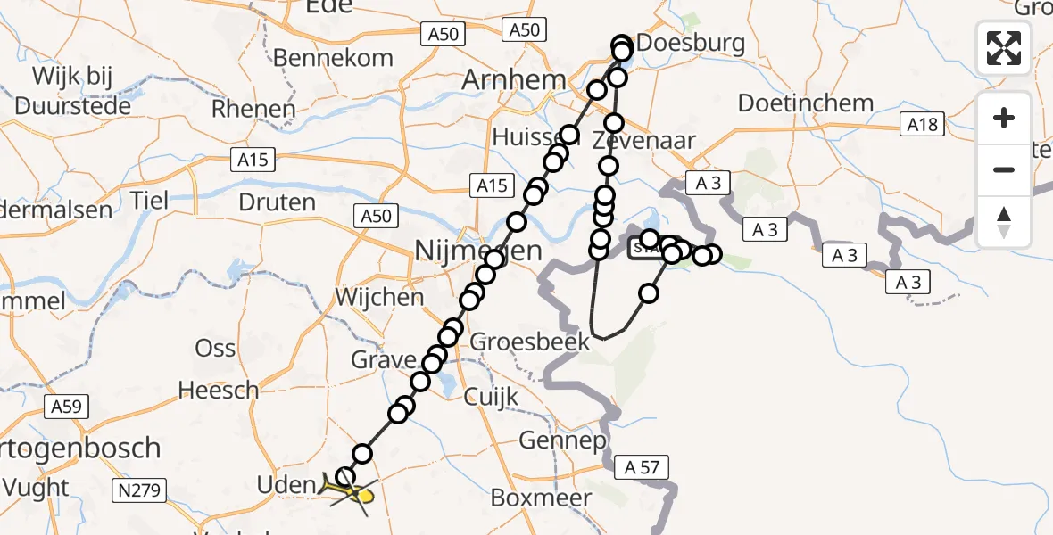 Routekaart van de vlucht: Politiehelikopter naar Vliegbasis Volkel, Bijlandseweg