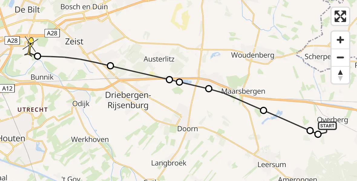 Routekaart van de vlucht: Lifeliner 3 naar Universitair Medisch Centrum Utrecht, Amerongse Spoor