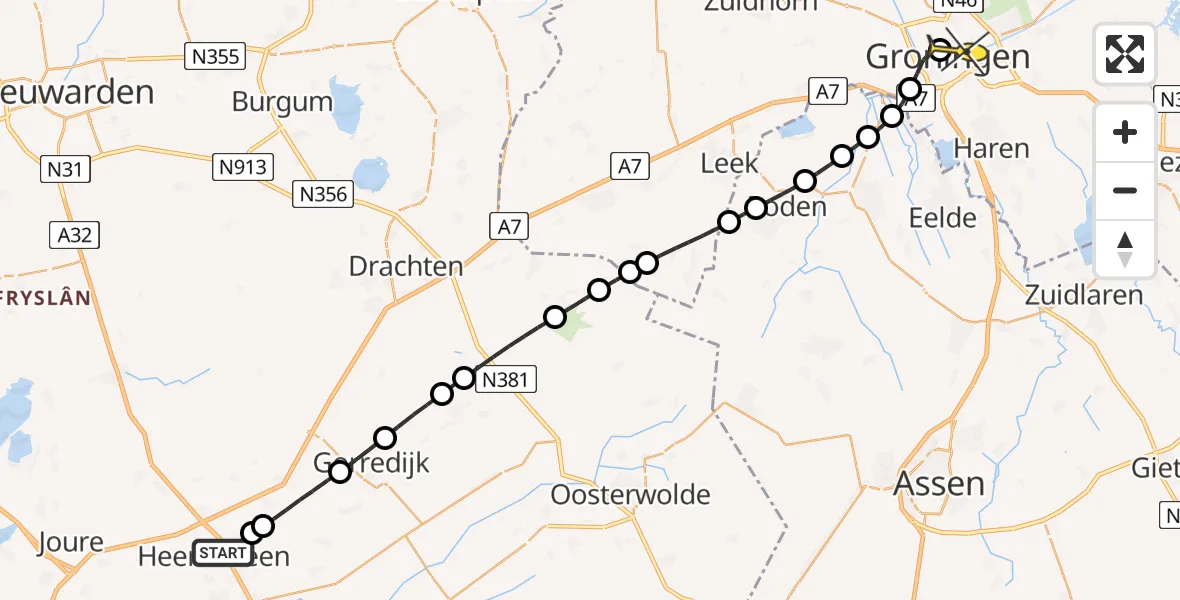 Routekaart van de vlucht: Lifeliner 4 naar Universitair Medisch Centrum Groningen, het Meer
