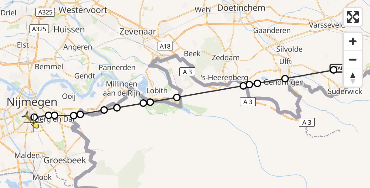 Routekaart van de vlucht: Lifeliner 3 naar Radboud Universitair Medisch Centrum, den Dam