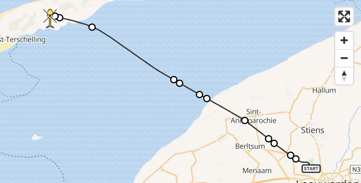 Routekaart van de vlucht: Ambulancehelikopter naar Midsland, Keegsdijkje