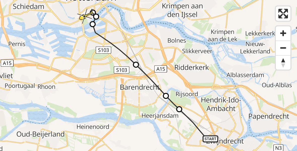 Routekaart van de vlucht: Lifeliner 2 naar Erasmus MC, Molenvliet