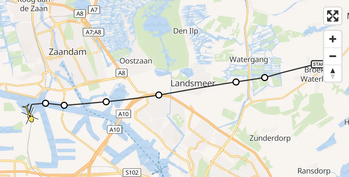 Routekaart van de vlucht: Lifeliner 1 naar Amsterdam Heliport, Varkenslandpad