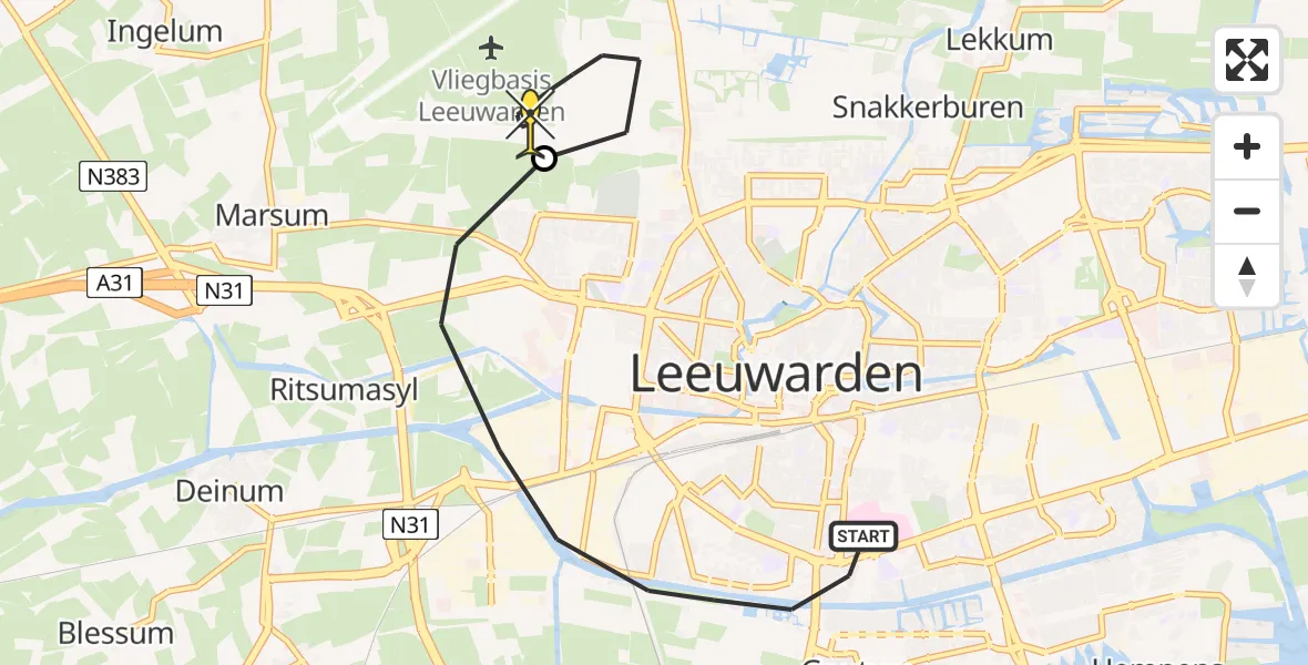 Routekaart van de vlucht: Ambulancehelikopter naar Vliegbasis Leeuwarden, Beatrixstraat