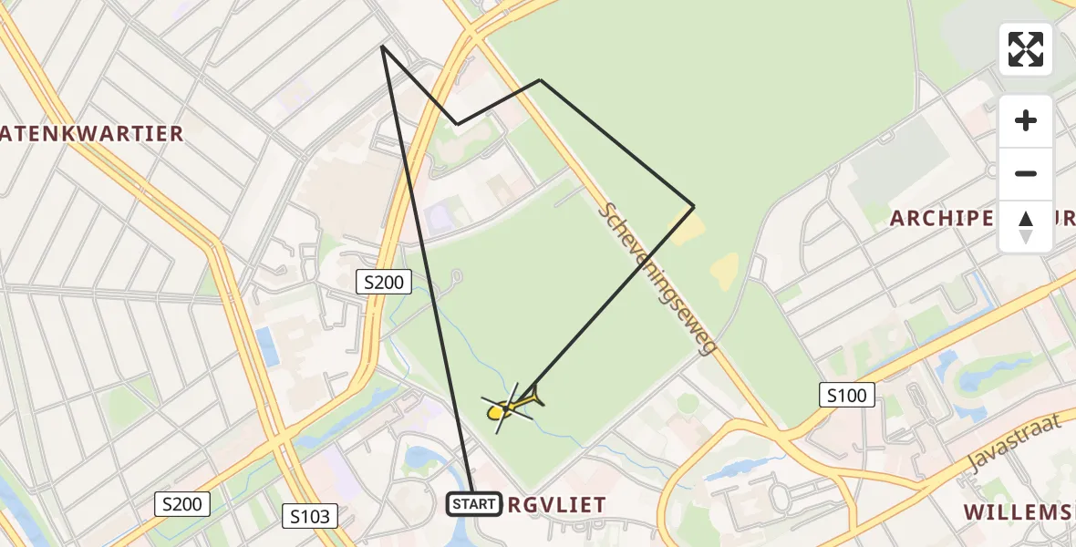 Routekaart van de vlucht: Politiehelikopter naar Den Haag, Van Bleiswijkstraat