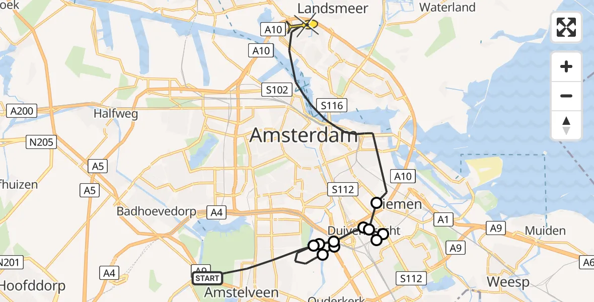 Routekaart van de vlucht: Politiehelikopter naar Amsterdam, Amsterdamseweg