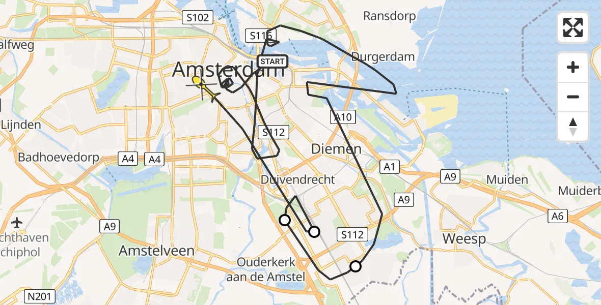 Vluchtroute Politiehelikopter van Amsterdam naar Amsterdam