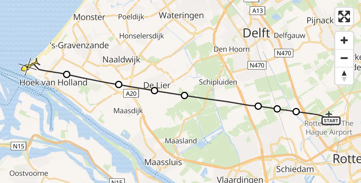 Routekaart van de vlucht: Lifeliner 2 naar Hoek van Holland, Zeekant