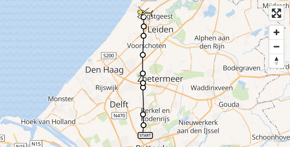 Routekaart van de vlucht: Lifeliner 2 naar Rijnsburg, A16 Rotterdam