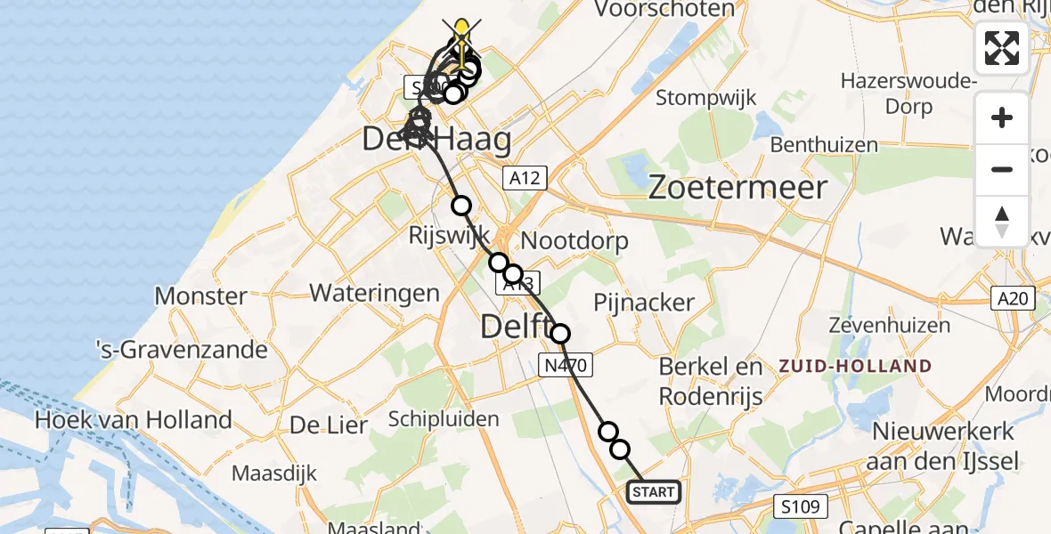 Routekaart van de vlucht: Politieheli naar Wassenaar, Schieveense polder