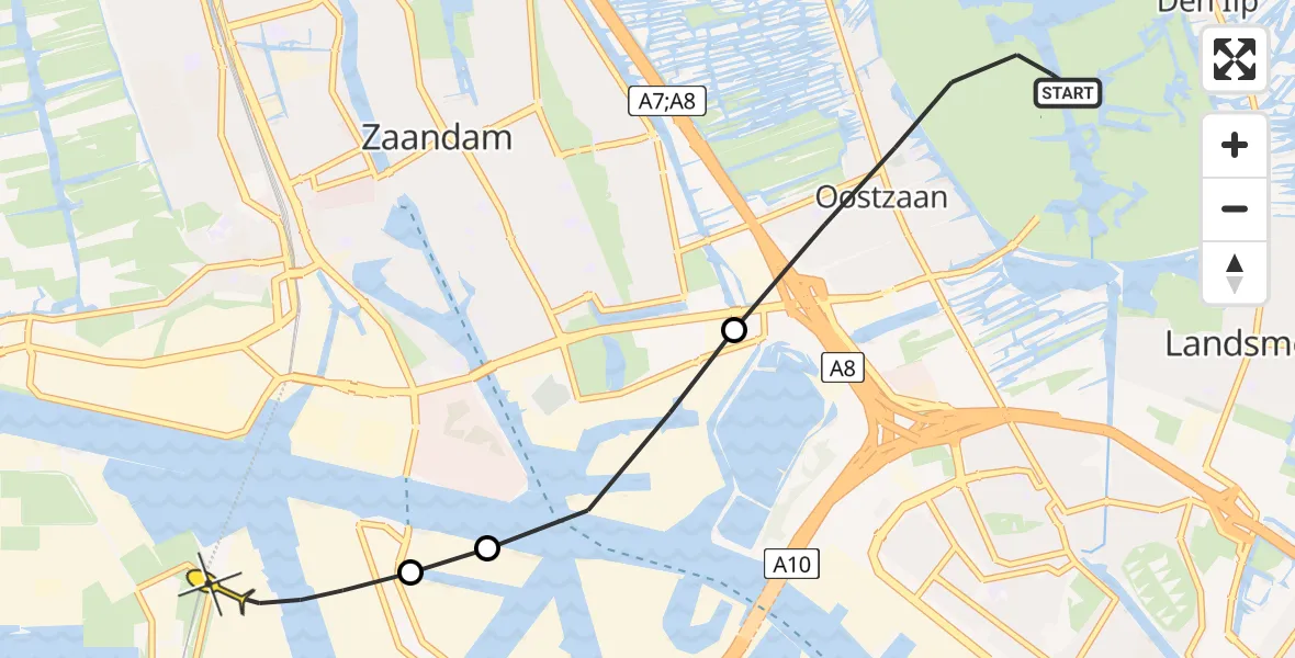 Routekaart van de vlucht: Lifeliner 1 naar Amsterdam Heliport, De Zuiderlaaik