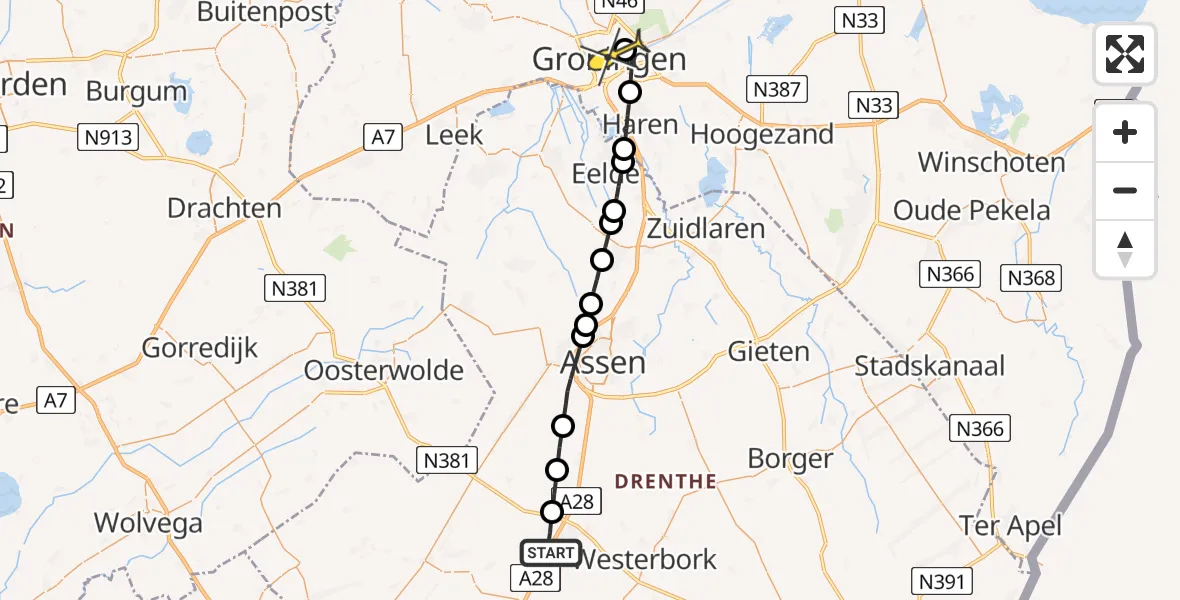 Routekaart van de vlucht: Lifeliner 4 naar Universitair Medisch Centrum Groningen, Ossebroeken