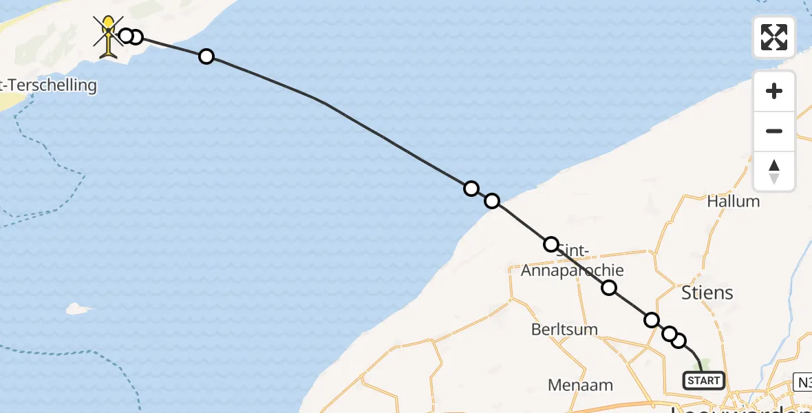 Routekaart van de vlucht: Ambulancehelikopter naar Midsland, Keegsdijkje