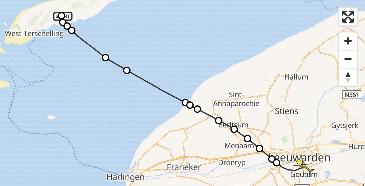 Routekaart van de vlucht: Ambulanceheli naar Leeuwarden, Kinnum