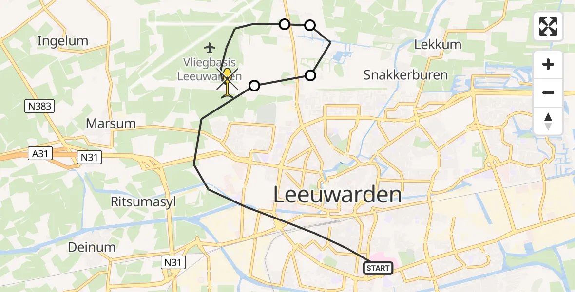 Routekaart van de vlucht: Ambulancehelikopter naar Vliegbasis Leeuwarden, Aldlânsdyk