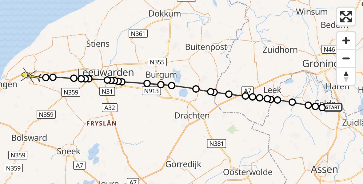 Routekaart van de vlucht: Lifeliner 4 naar Franeker, Veldkampweg