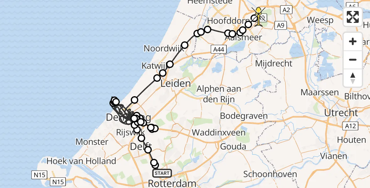 Vluchtroute Politiehelikopter van Rotterdam The Hague Airport naar Schiphol