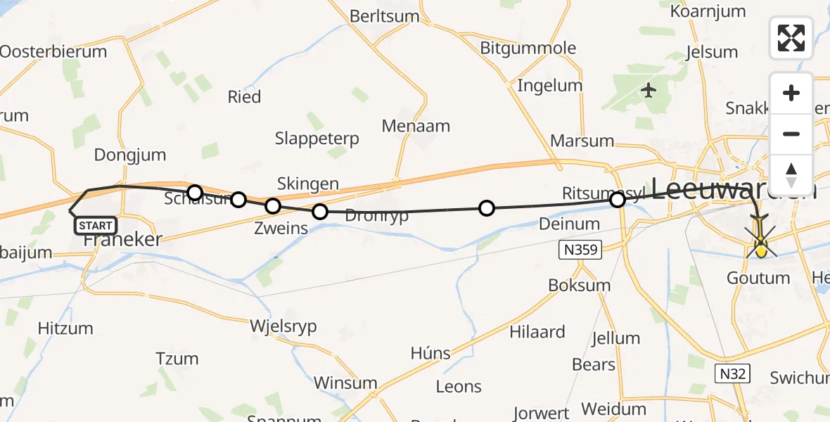 Routekaart van de vlucht: Lifeliner 4 naar Leeuwarden, Sexbierumerweg