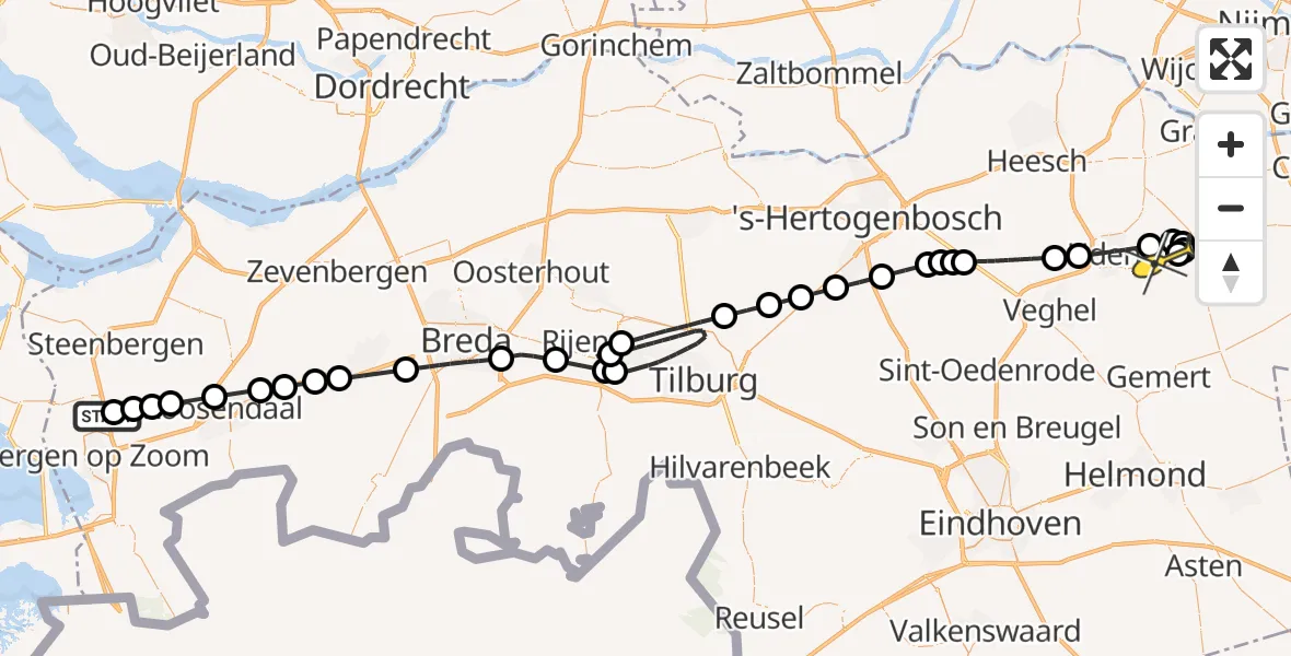 Routekaart van de vlucht: Politieheli naar Vliegbasis Volkel, Moerstraatsebaan