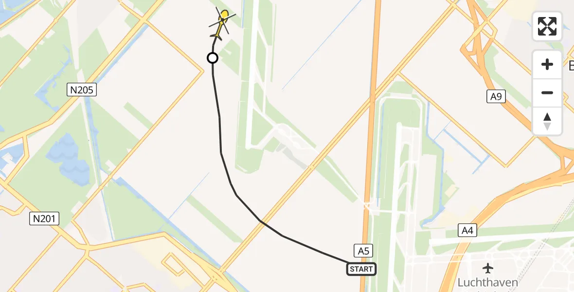 Routekaart van de vlucht: Politieheli naar Vijfhuizen, Hoofdweg