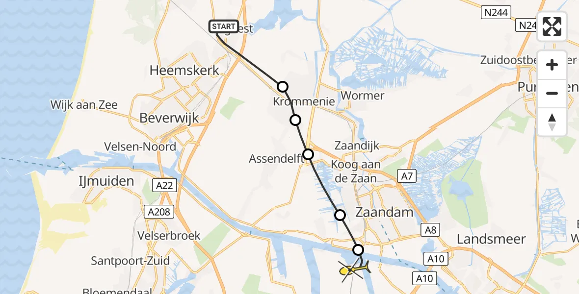 Routekaart van de vlucht: Lifeliner 1 naar Amsterdam Heliport, Ziendervaart