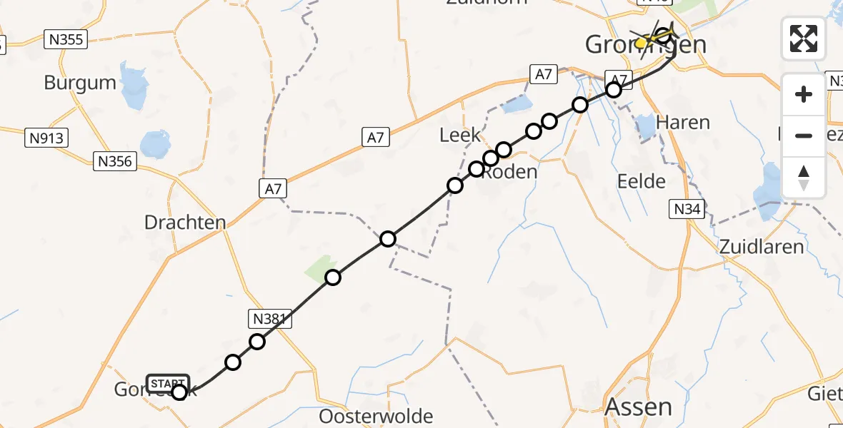 Routekaart van de vlucht: Lifeliner 4 naar Universitair Medisch Centrum Groningen, Tjalling Harkeswei